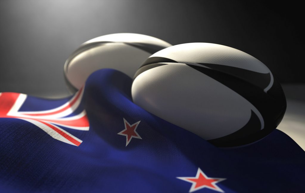 ニュージランド国旗とラグビーボール